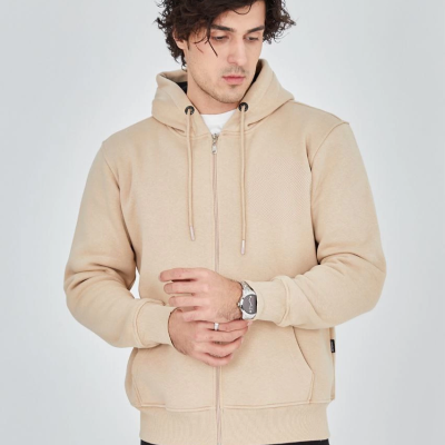 Tam Fermuarlı Kapşonlu  SweatShirt - Bej -